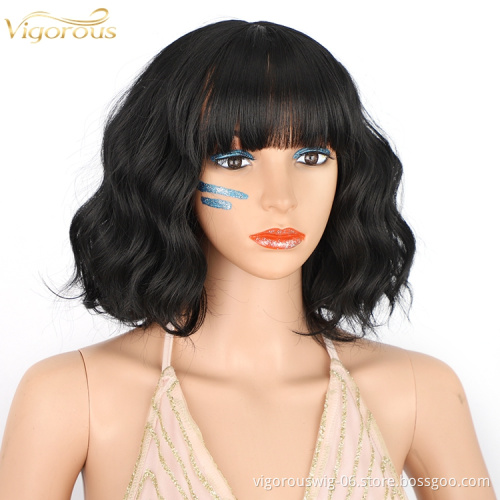 Top Sale Vendor Short Wavy Wig Bangs Synthetic Wigs for Women Natural Color Hair Bob Wigs Heat Resistant Fiber